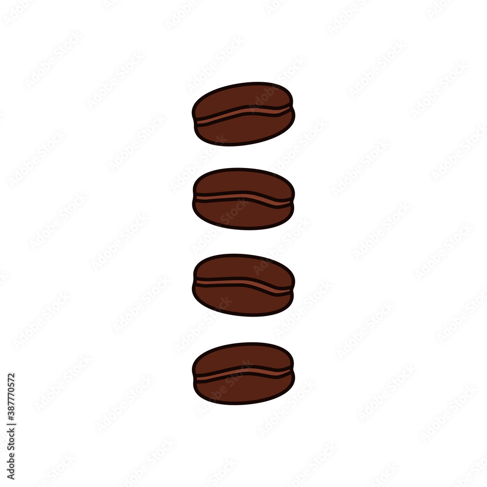 Black coffee beans in cartoon style. Coffee grains isolated on white background. Espresso, americano, latte, cappuccino symbol. Vector illustration for shops, packages, cafe, to go, takeaway cups logo Black coffee beans in cartoon style. Coffee grains isolated on white background. Espresso, americano, latte, cappuccino symbol. Vector illustration for shops, packages, cafe, to go, takeaway cups logo