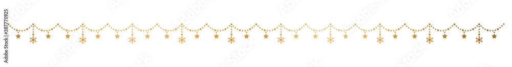 クリスマスのエレガント装飾 ガーランド 雪の結晶と星（ゴールド、白背景）