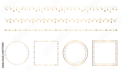 クリスマスのエレガント装飾 飾り罫 ライン 星、雪の結晶（ゴールド、白背景）