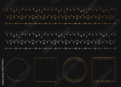 クリスマスのエレガント装飾 飾り罫 ライン 星、雪の結晶（ゴールド、シルバー、黒背景）
