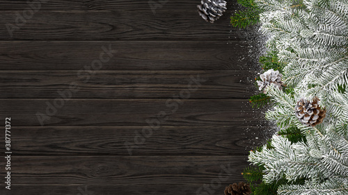 Fir trees and wooden walls with snow