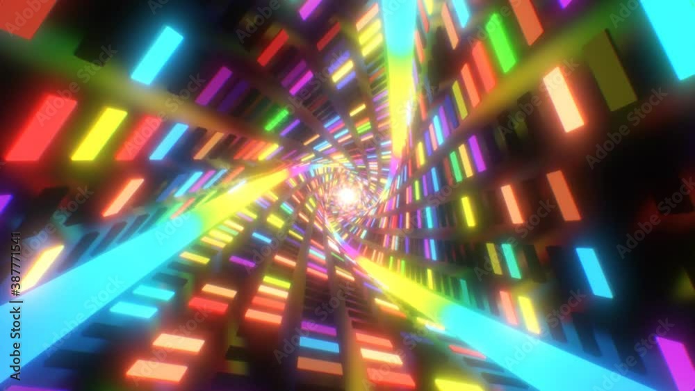 Rainbow Neon Glow Lights Flashing in Abstract Twisted Endless Tunnel - 4K Seamless Loop Motion Background Animation