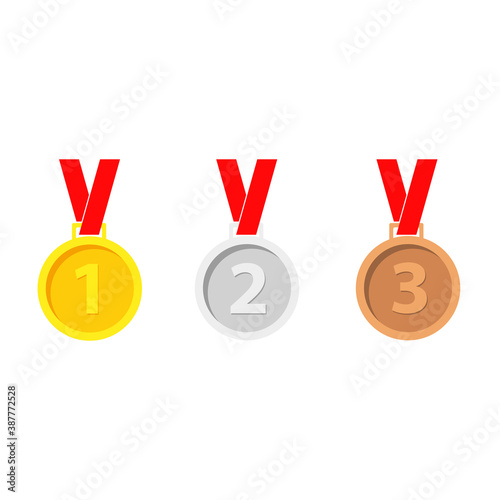 Gold, Silver, Bronze Medals Set. Winner Medals. Metal Realistic Badge With First, Second, Third Placement Achievement. Round Medal Red Ribbon. Game Golden, Silver, Bronze Trophy. Vector Illustration.