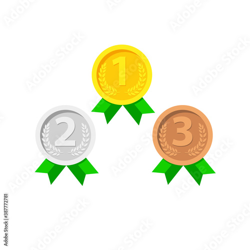 Gold, Silver, Bronze Medals Set. Winner Medals. Metal Realistic Badge With First, Second, Third Placement Achievement. Round Medal Red Ribbon. Game Golden, Silver, Bronze Trophy. Vector Illustration.
