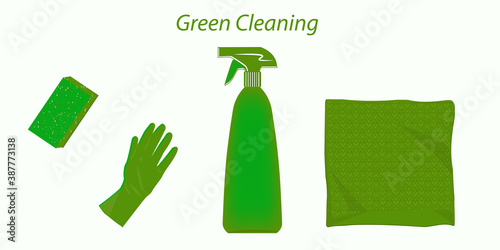 Green eco cleaning - spray, tech napkin, glove, sponge - vector. Eco natural cleaning products. Zero waste lifestyle