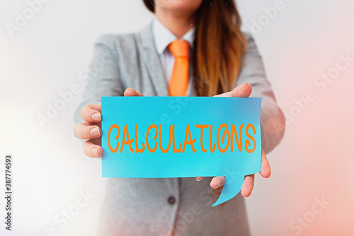 Writing note showing Calculations. Business concept for mathematical determination of the size or number of something Displaying different color mock up notes for emphasizing content photo