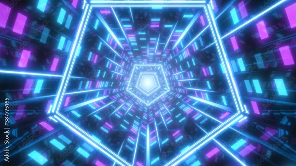 Sci-Fi Flashing Neon Lights Reflective Abstract Retro Pentagon Tunnel - 4K Seamless Loop Motion Background Animation