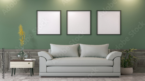 Square poster mockup with Three frames on the empty Green wall in living room interior, Green living room interior, 3D Rendering