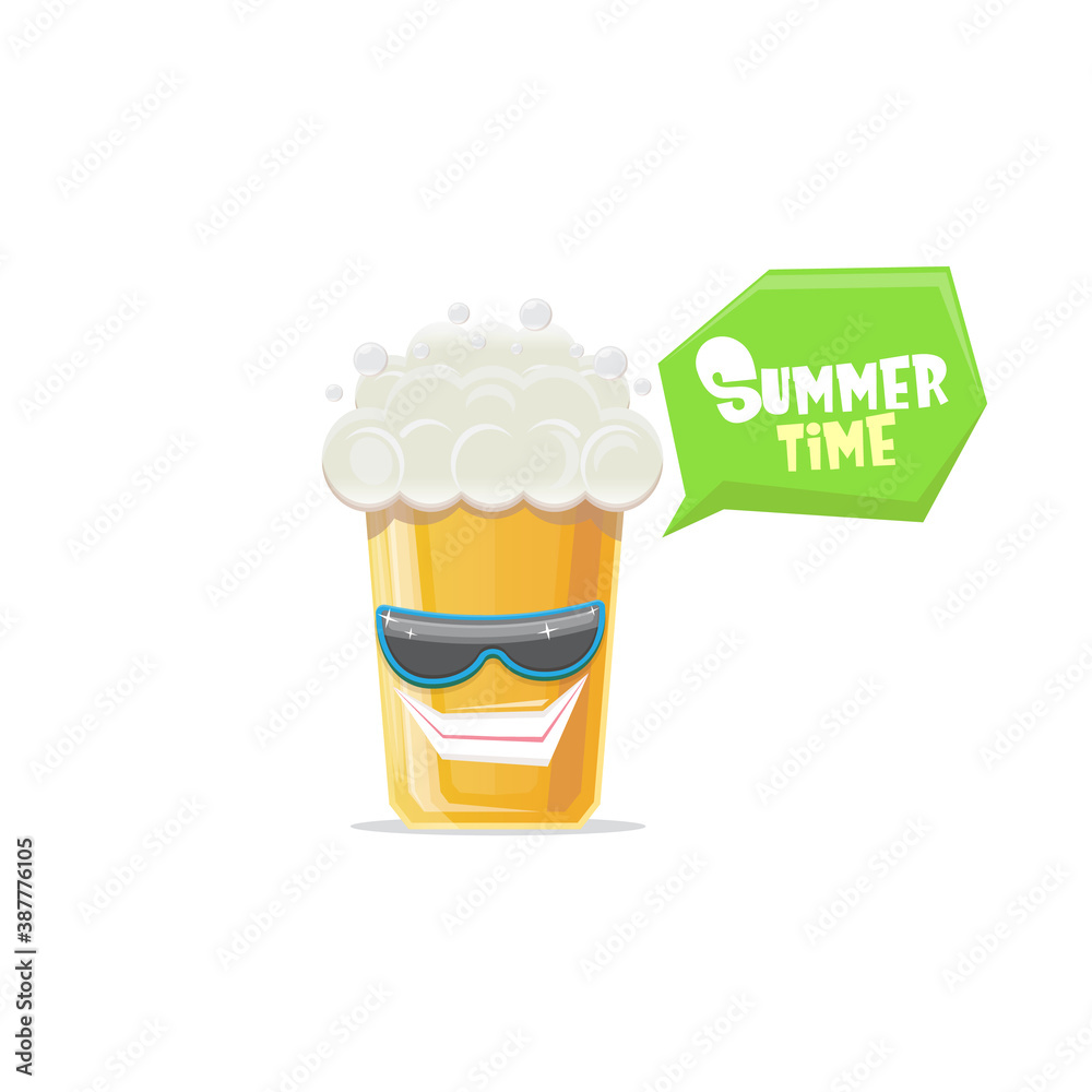 vector cartoon funky beer glass character with sunglasses isolated on white background. funny beer label or poster design template. International beer day cartoon comic poster or greeting banner vector cartoon funky beer glass character with sunglasses isolated on white background. funny beer label or poster design template. International beer day cartoon comic poster or greeting banner