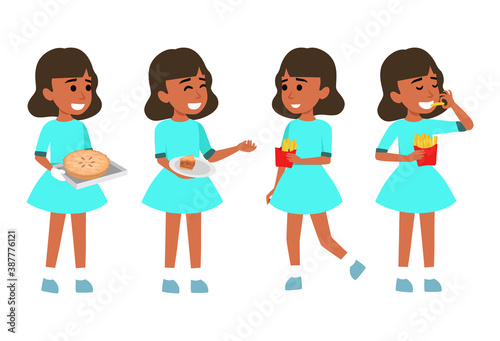 Cute little girl eating french fries and pie flat vector illustration isolated on different layers. with editable vector file