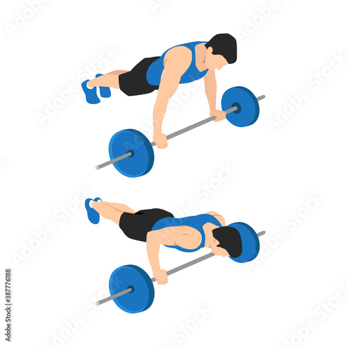 The athlete trains in the gym, doing strength exercises for muscles, Barbell push-up or press up, work on his body with weights and barbells. Fitness, healthy and self-control concept.