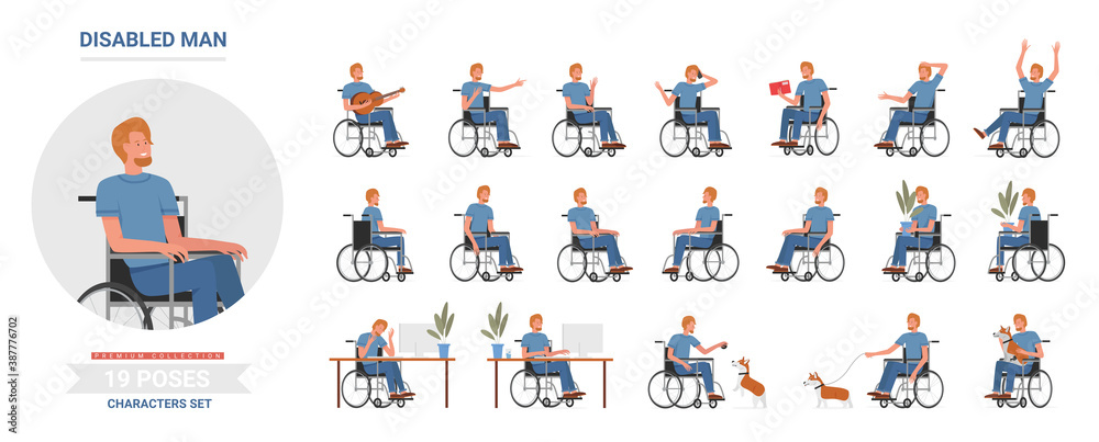 Disabled man poses vector illustration set. Cartoon bearded smiling male character with physical disability sitting in wheelchair, gesture or expression collection of disabled person isolated on white Disabled man poses vector illustration set. Cartoon bearded smiling male character with physical disability sitting in wheelchair, gesture or expression collection of disabled person isolated on white