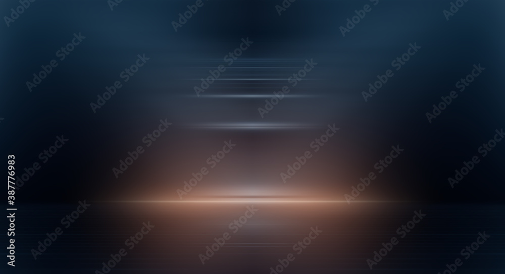 Obraz premium Modern minimalistic, futuristic studio background. Dark background with lines and spotlights, neon light, night view. Abstract blue background. Empty stage.