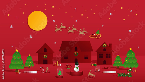 Santa claus on the sky coming city village with christmas tree in night time with snowfall. Christmas season and Happy new year season