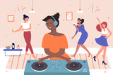 Happy friends home party with DJ vector illustration. Cartoon young black female character mixing modern digital music on turntables equipment, people dancing, drinking wine at home party