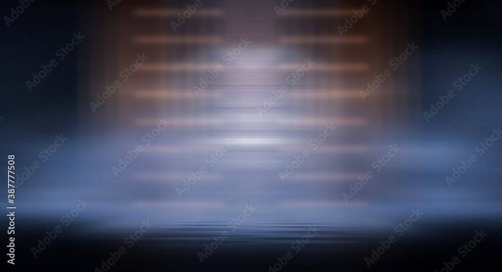 Modern minimalistic, futuristic studio background. Dark background with lines and spotlights, neon light, night view. Abstract blue background. Empty stage. Modern minimalistic, futuristic studio background. Dark background with lines and spotlights, neon light, night view. Abstract blue background. Empty stage.