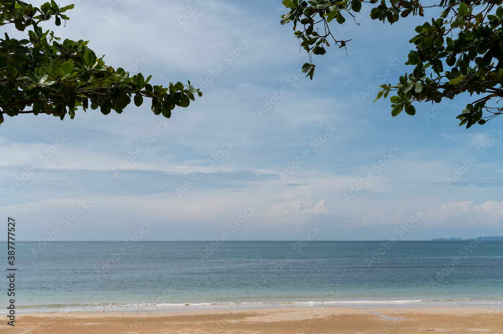 Sand beach, sea and green leaves of trees Sand beach, sea and green leaves of trees