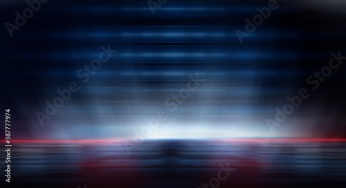 Modern minimalistic  futuristic studio background. Dark background with lines and spotlights  neon light  night view. Abstract blue background. Empty stage.