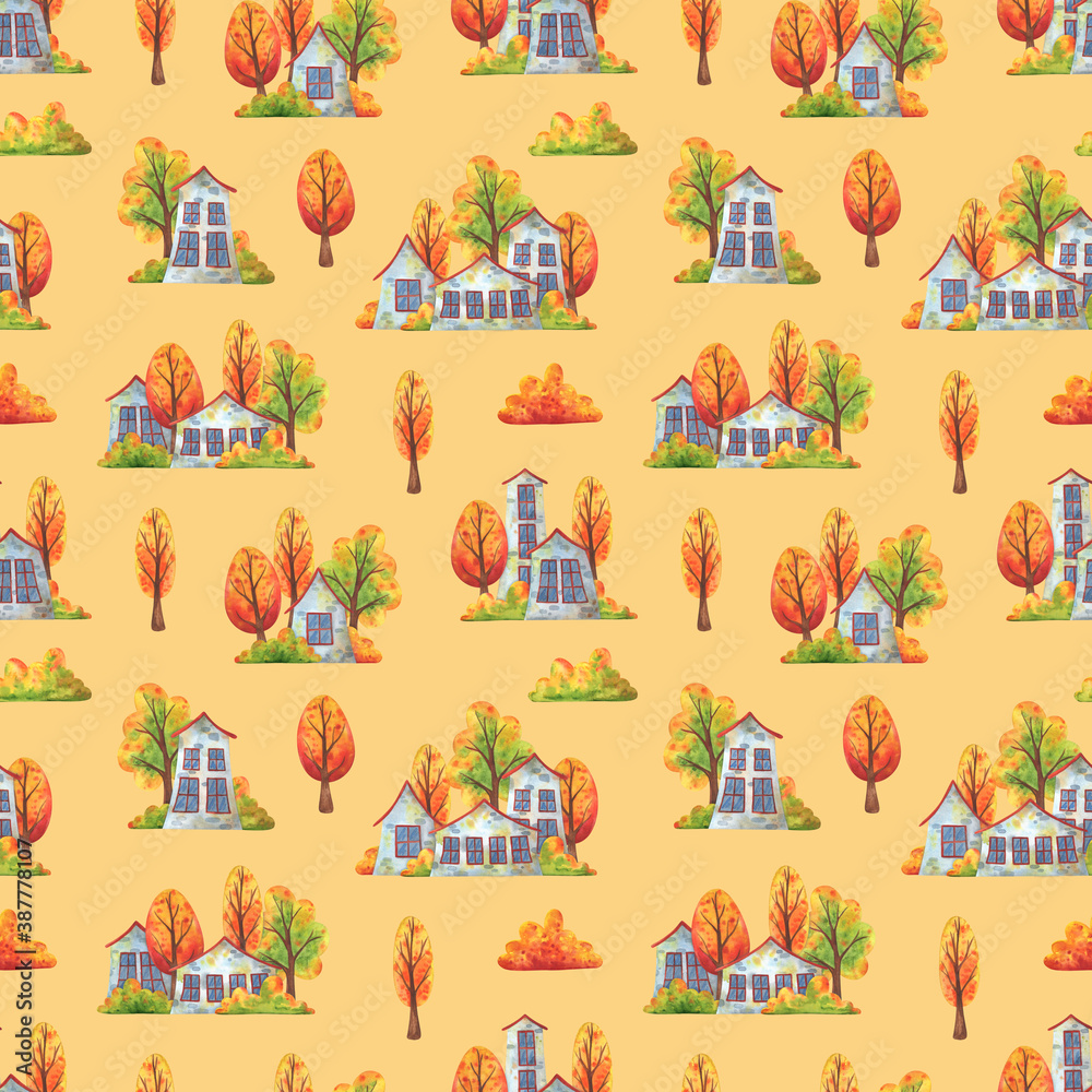 Obraz premium Streets of the autumn city. Yellow seamless pattern with houses and falling trees. Decorative print for fabrics, textiles. Endless background with children's watercolor illustrations. Stock image