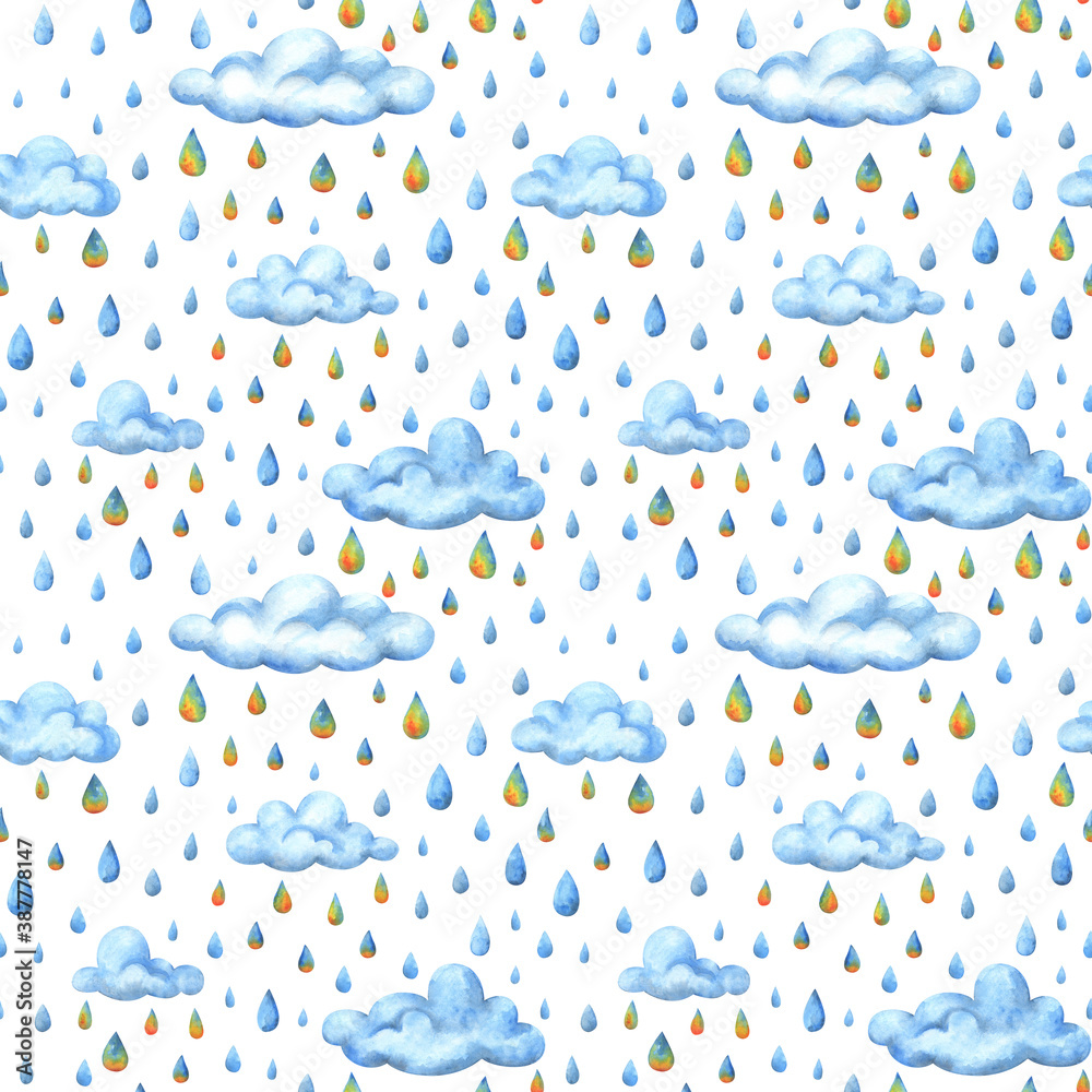 Multicolored rain. Autumn seamless pattern of clouds in the sky on a white background. Decorative print for fabrics, textiles, and paper. Stock image with watercolor children's illustrations. Multicolored rain. Autumn seamless pattern of clouds in the sky on a white background. Decorative print for fabrics, textiles, and paper. Stock image with watercolor children's illustrations.