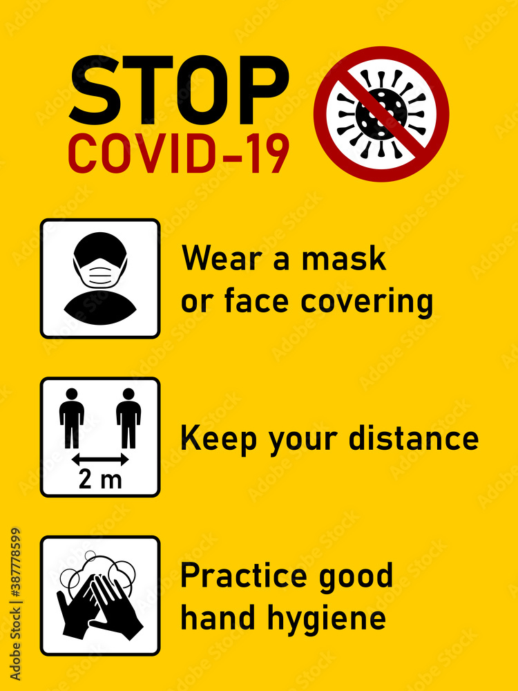 Stop Covid-19 Coronavirus Rules Set including Wear a Mask or Face Covering, Keep Your Distance 2 m or 2 Metres and Practice Good Hand Hygiene. Vector Image. - obrazy, fototapety, plakaty 