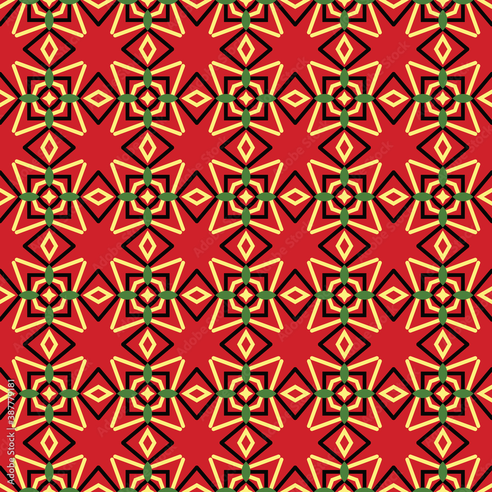 Vector seamless pattern texture background with geometric shapes, colored in red, yellow, green, black colors. Vector seamless pattern texture background with geometric shapes, colored in red, yellow, green, black colors.