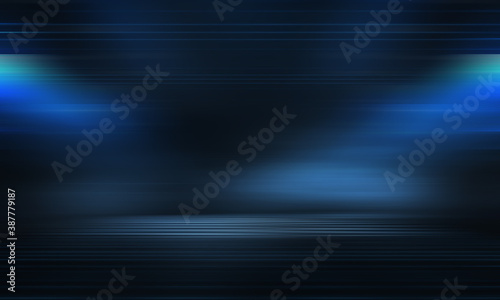 Modern minimalistic, futuristic studio background. Dark background with lines and spotlights, neon light, night view. Abstract blue background. Empty stage.