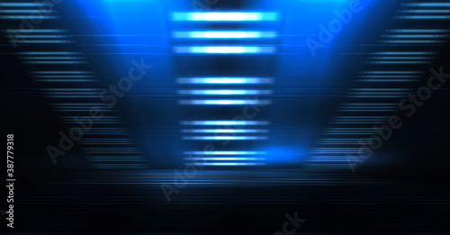 Modern minimalistic, futuristic studio background. Dark background with lines and spotlights, neon light, night view. Abstract blue background. Empty stage.