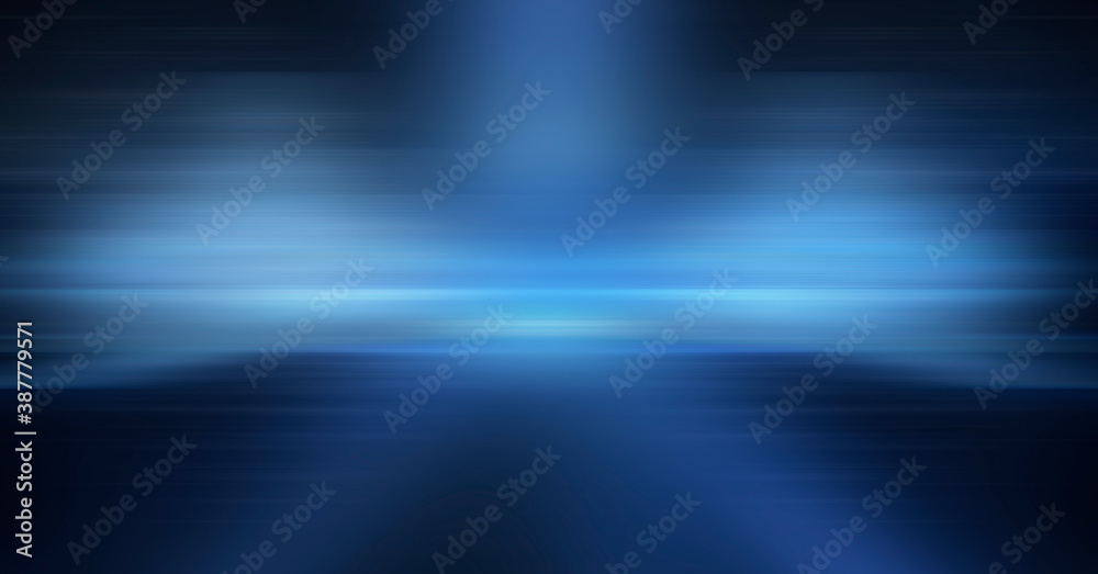 Modern minimalistic, futuristic studio background. Dark background with lines and spotlights, neon light, night view. Abstract blue background. Empty stage.