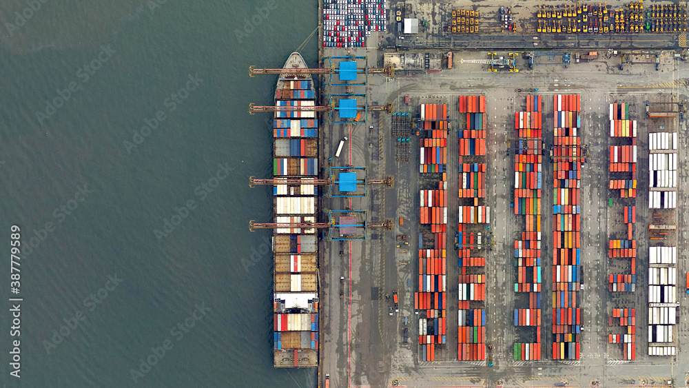 trade, ships and containers looking down aerial view from above, bird’s eye view, port of Santos, Brazil - obrazy, fototapety, plakaty 