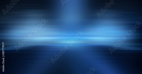 Modern minimalistic, futuristic studio background. Dark background with lines and spotlights, neon light, night view. Abstract blue background. Empty stage.