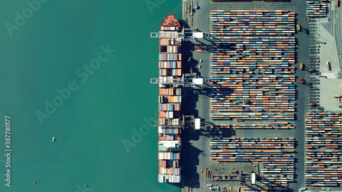 trade, ships and containers looking down aerial view from above, bird’s eye view, port of Southampton, England