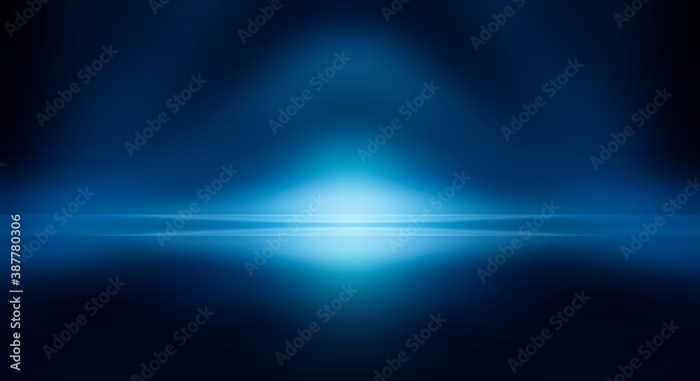 Modern minimalistic, futuristic studio background. Dark background with lines and spotlights, neon light, night view. Abstract blue background. Empty stage.