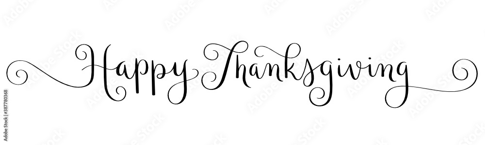 HAPPY THANKSGIVING black vector brush calligraphy banner with spiral swashes HAPPY THANKSGIVING black vector brush calligraphy banner with spiral swashes