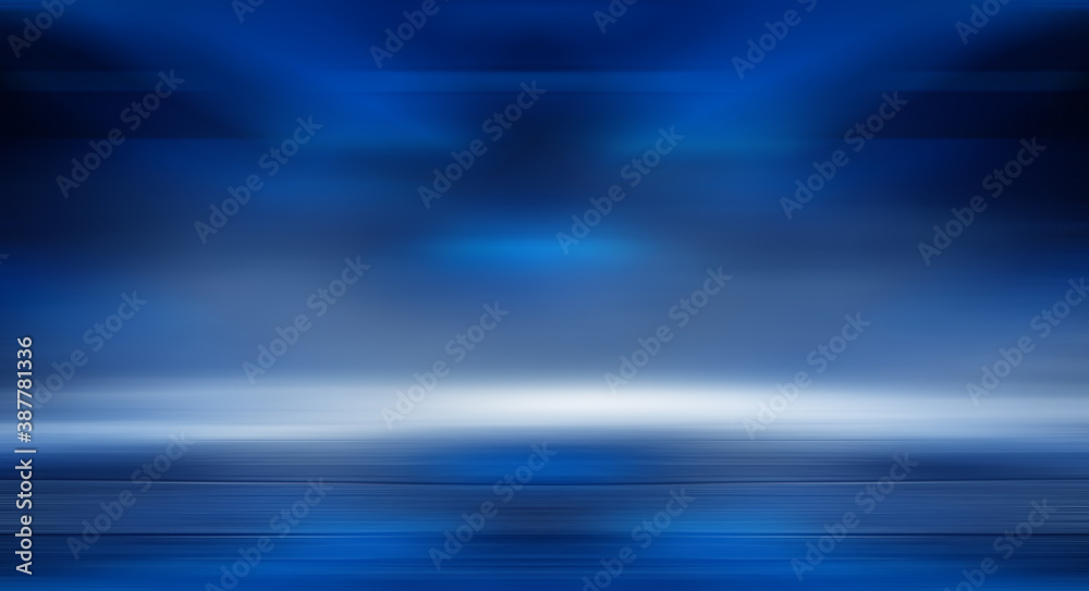 Modern minimalistic, futuristic studio background. Dark background with lines and spotlights, neon light, night view. Abstract blue background. Empty stage. Modern minimalistic, futuristic studio background. Dark background with lines and spotlights, neon light, night view. Abstract blue background. Empty stage.