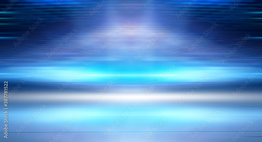 Modern minimalistic, futuristic studio background. Dark background with lines and spotlights, neon light, night view. Abstract blue background. Empty stage. Modern minimalistic, futuristic studio background. Dark background with lines and spotlights, neon light, night view. Abstract blue background. Empty stage.