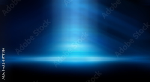 Modern minimalistic, futuristic studio background. Dark background with lines and spotlights, neon light, night view. Abstract blue background. Empty stage.