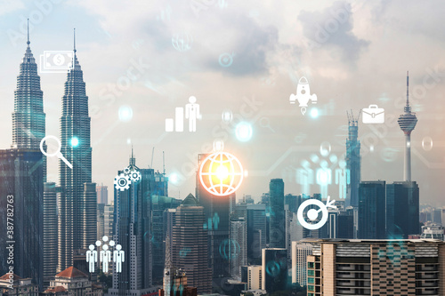 Photography Research and development hologram over panorama city view of Kuala Lumpur