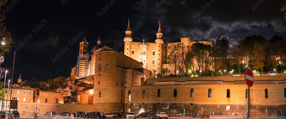 Panoramic view in the evening light, of the city of Urbino, and of the Renaissance Ducal Palace.