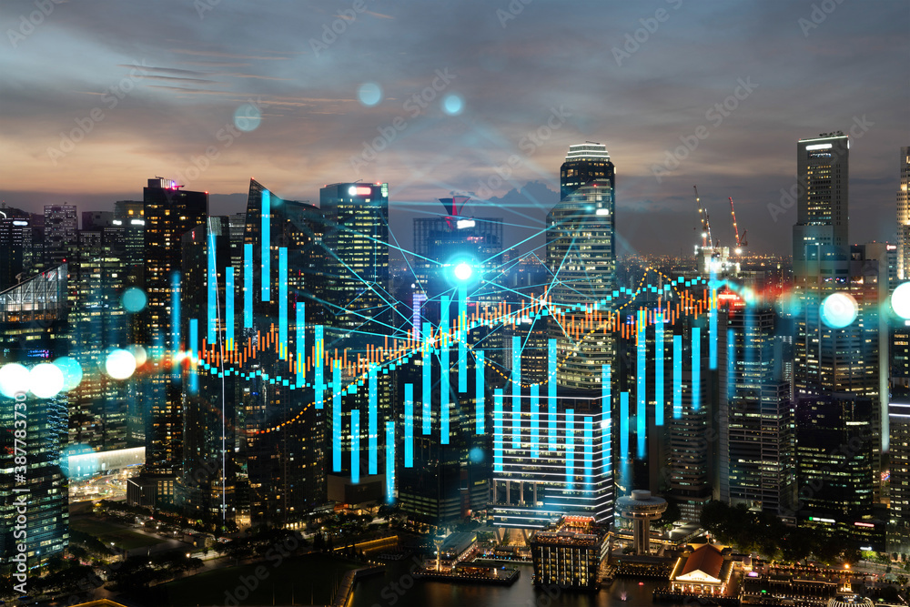 Glowing FOREX graph hologram, aerial panoramic cityscape of Singapore at sunset. Stock and bond trading in Asia. The concept of fund management. Double exposure. - obrazy, fototapety, plakaty 