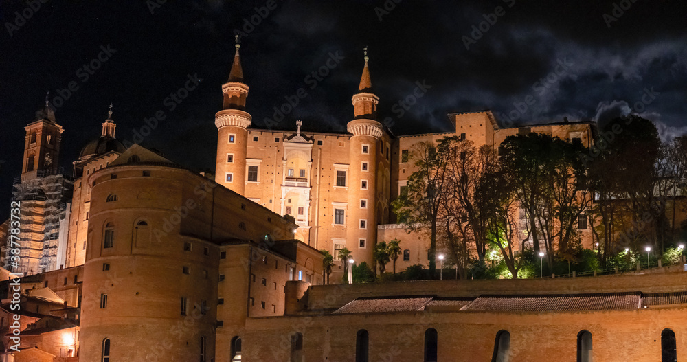 Panoramic view in the evening light, of the city of Urbino, and of the Renaissance Ducal Palace.