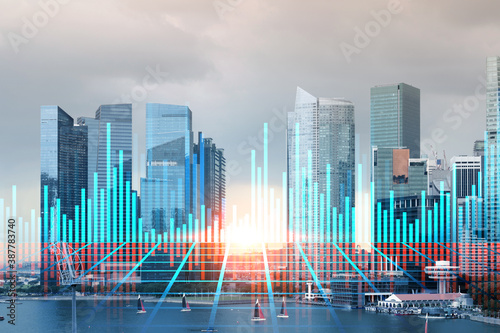 Glowing FOREX graph hologram  aerial panoramic cityscape of Singapore at sunset. Stock and bond trading in Asia. The concept of fund management. Double exposure.