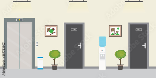 Empty hallway with elevator, pictures and doors. Water cooler and trash can near wall. Corridor without people