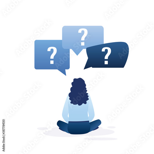 Woman sitting on floor, rear view. Female student and speech bubbles with question marks. Getting answers to asked questions,