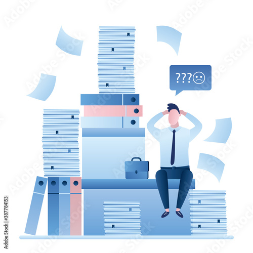 Office worker on workplace, overwork, paperwork. Unhappy male employee and huge heap of paper documents and folders.