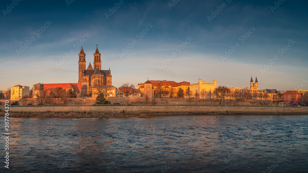 Panoramic view over downtown of Magdeburg, old town, Elbe river