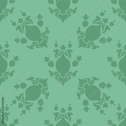 Vector illustration. Damask seamless pattern of flowers. Pastel green pattern on a light green background. Baroque classicism.