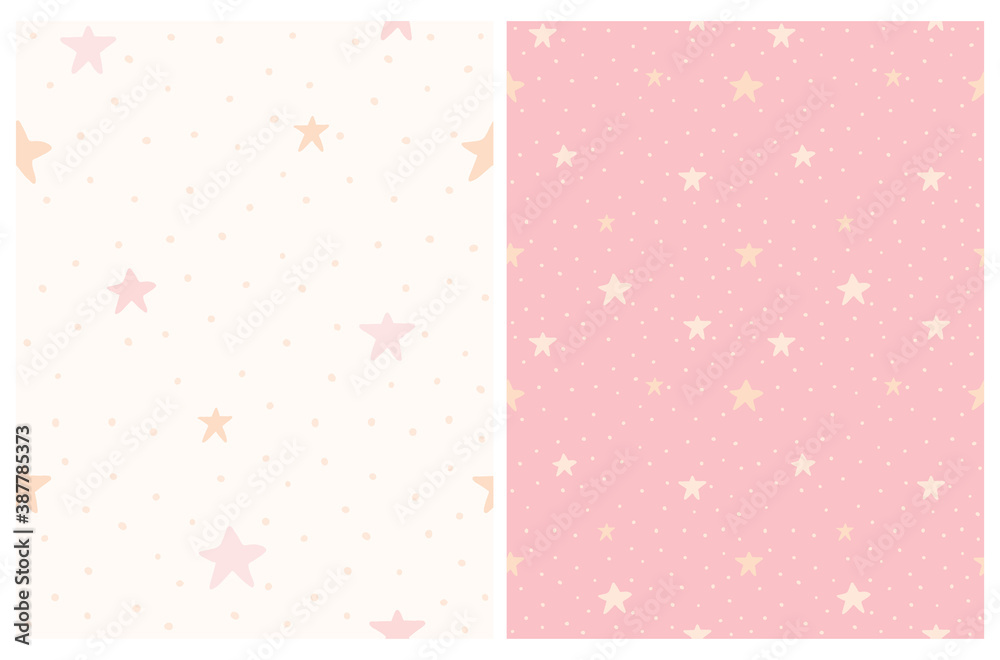 Cute Abstract Starry Sky Vector Patterns Set with Simple Hand Drawn Dots and Stars Isolated on a Pastel Pink and Light Cream Background. Funny Infantile Style Starry and Dotted Print ideal for Fabric. Cute Abstract Starry Sky Vector Patterns Set with Simple Hand Drawn Dots and Stars Isolated on a Pastel Pink and Light Cream Background. Funny Infantile Style Starry and Dotted Print ideal for Fabric.
