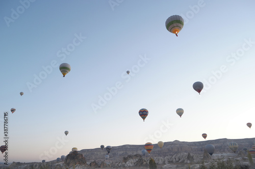 Hot air balloons show at Cappadocia. Beautiful nature background.