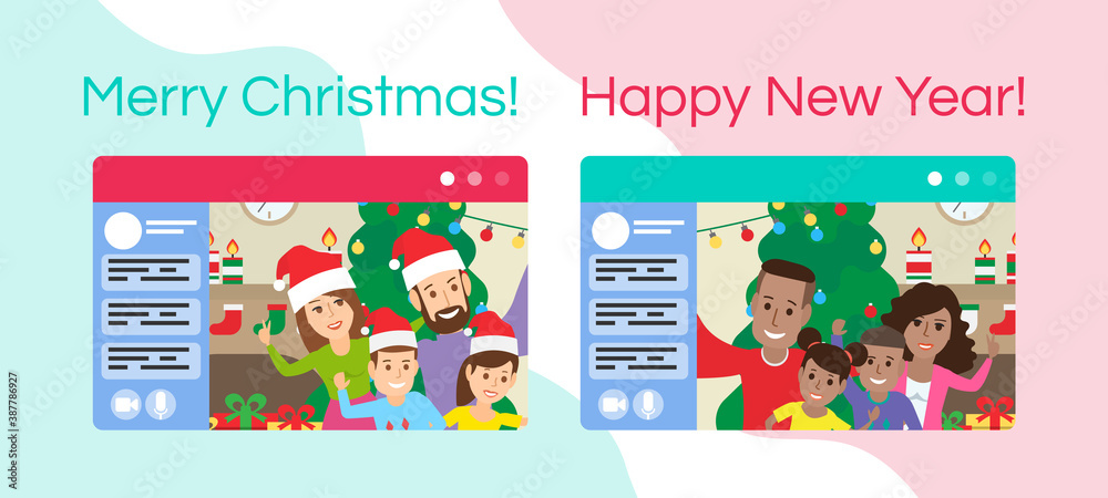 merry christmas and happy new year two families video call conference chatting in social media browser windows vector illustration